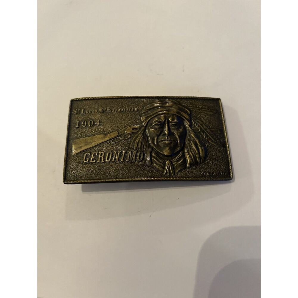 GERONIMO Brass Belt Buckle by Lewis Buckles Chicago for 1904 St. Louis Expositio